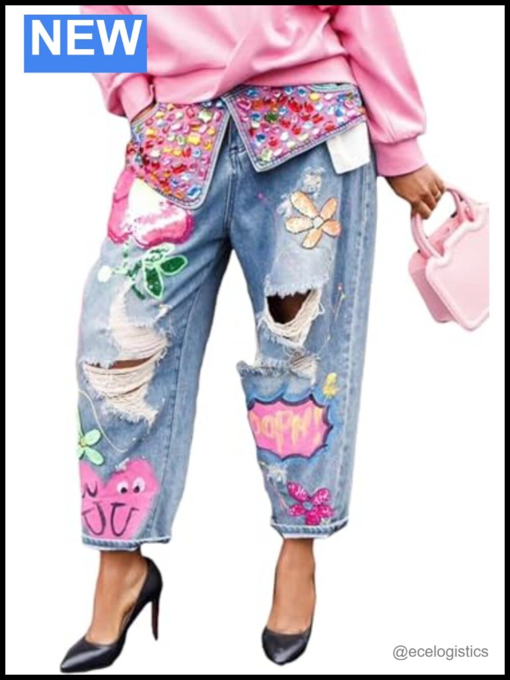Women's High Waist Barrel Jeans Rhinestone Floral Ripped Wide Leg Baggy Cropped